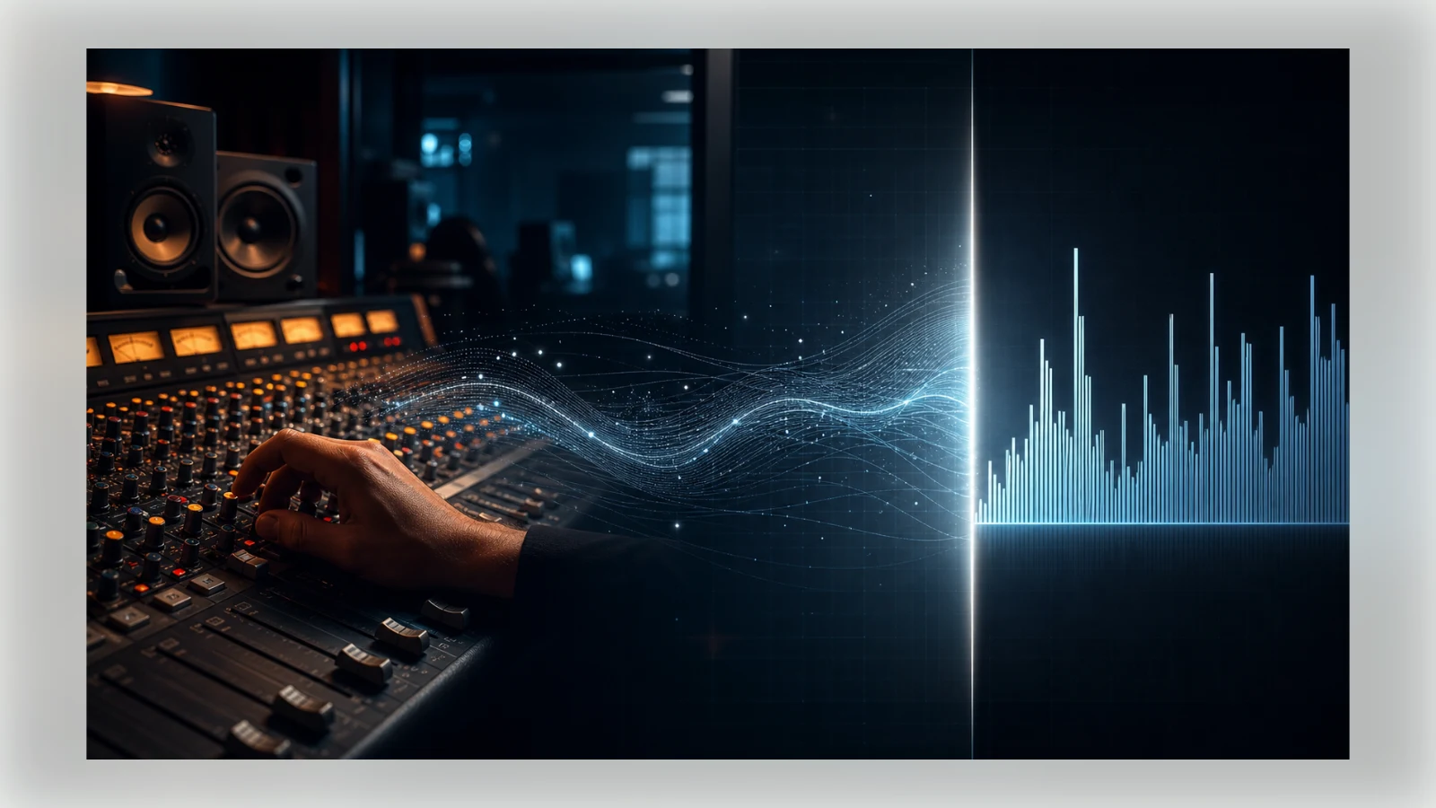 A human hand adjusts an analog mixing console as a digital waveform meets a chart boundary, illustrating debate over AI-generated music.