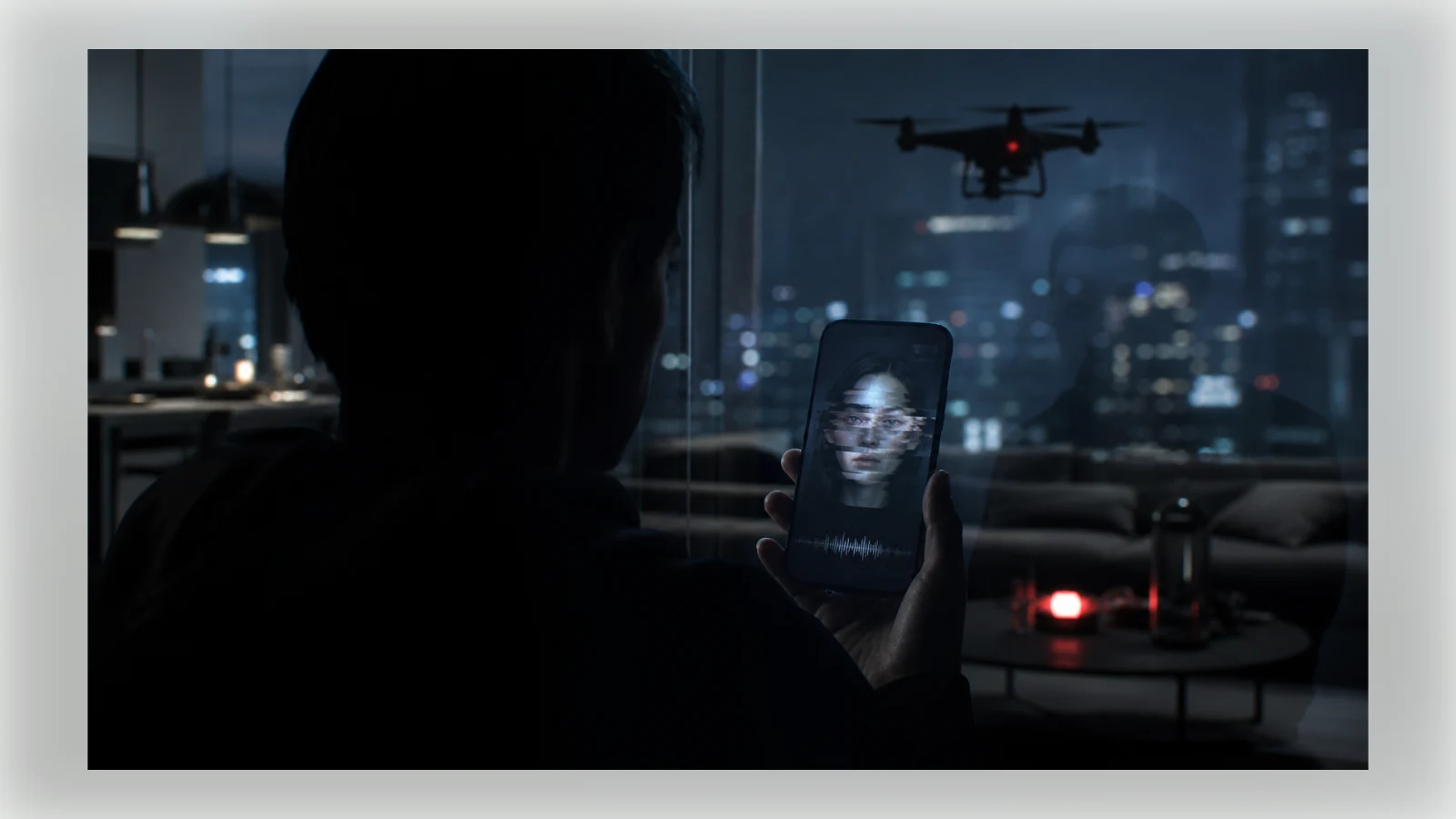 An anonymous person studies a smartphone displaying a distorted synthetic face while a surveillance drone appears in the window reflection.
