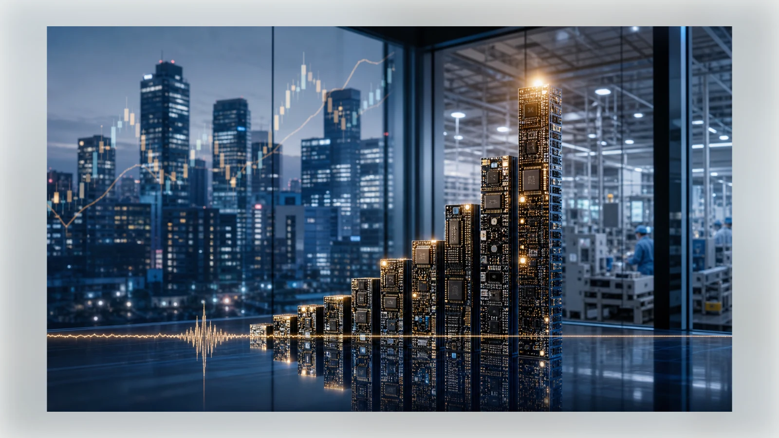 Circuit-board columns rise like a financial chart beside a Tokyo skyline and electronics factory, crossed by a subtle seismic waveform.
