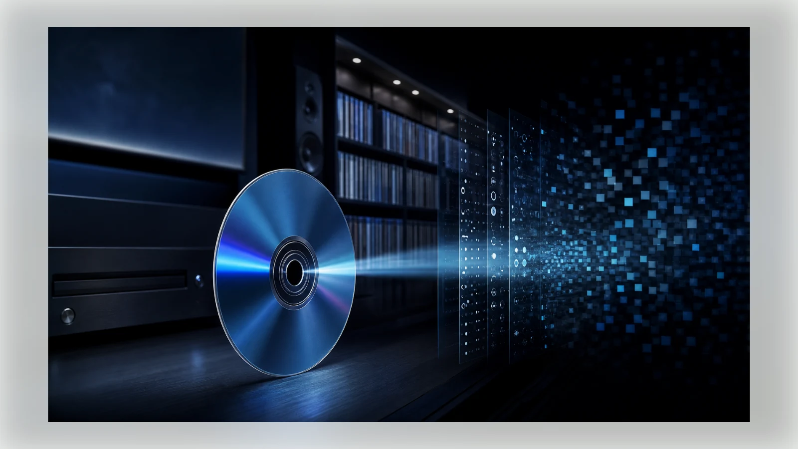 An unlabeled optical disc projects precise data layers that dissolve into compressed streaming pixels inside a dark home cinema.