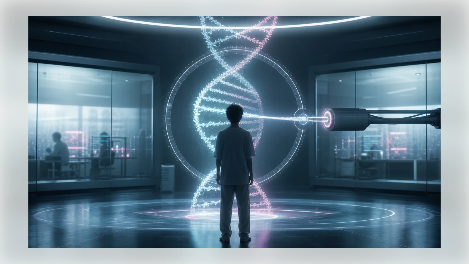A young anonymous figure faces a luminous DNA helix as a precise inhibitor field dims selected genetic segments in a futuristic laboratory.