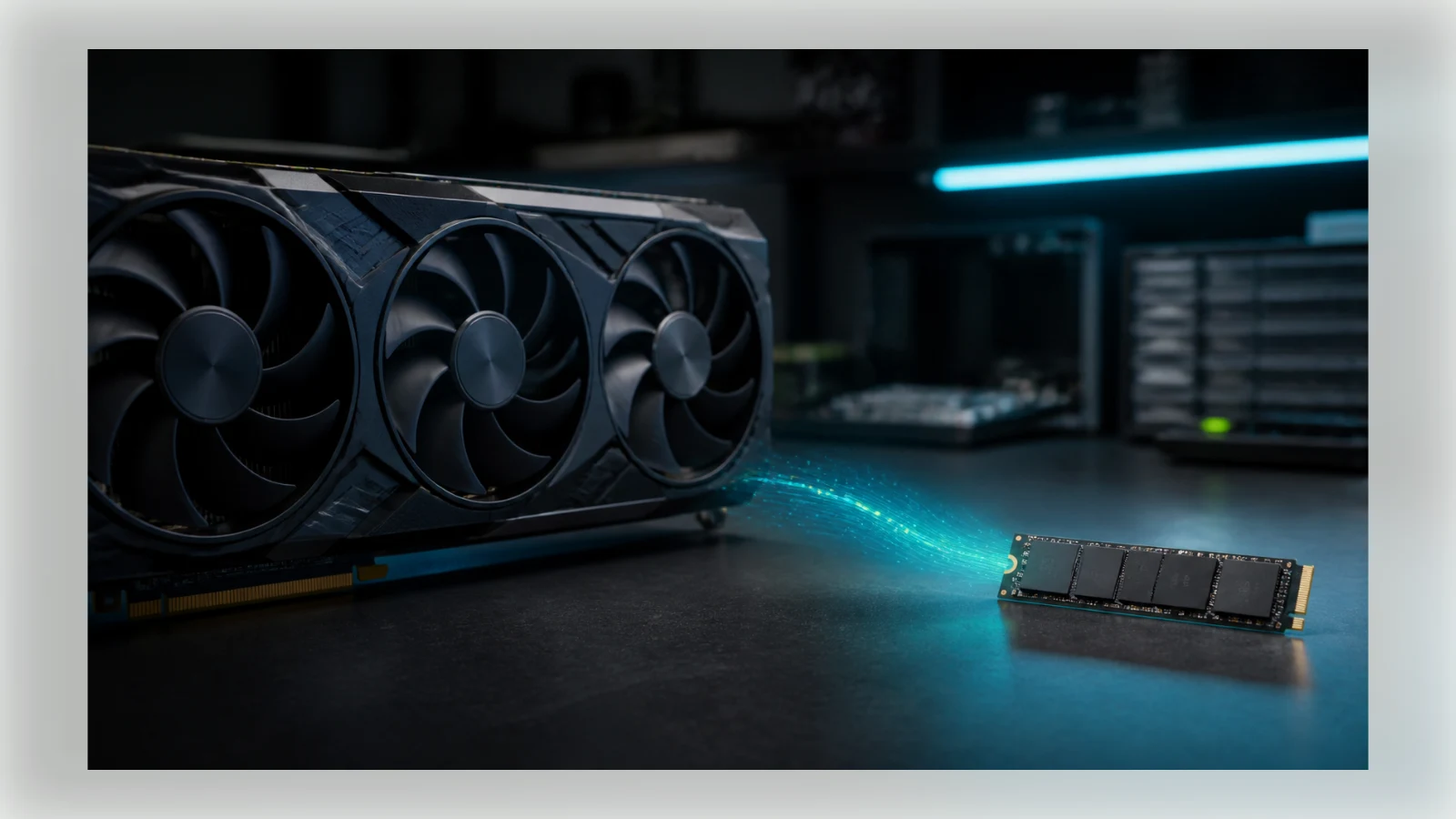 Abstract editorial artwork showing a graphics card connected to a high-speed NVMe drive, illustrating storage-to-GPU data streaming.