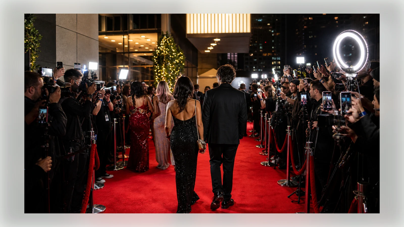 Digital creators walk a red carpet surrounded by photographers and ring lights.