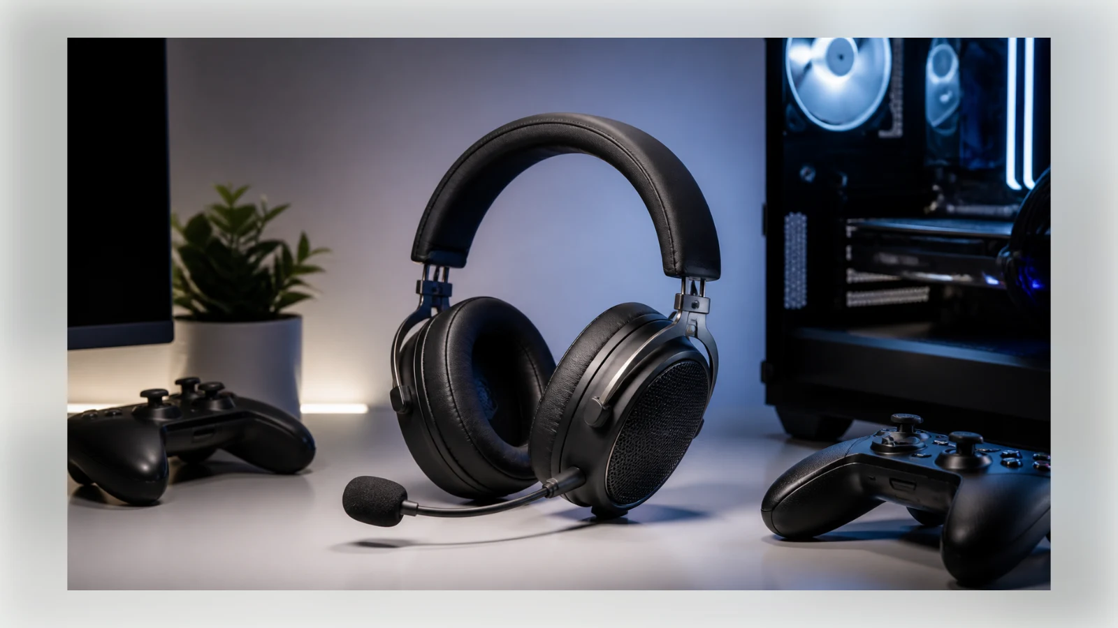 A premium gaming headset displayed between two game controllers on a review desk.