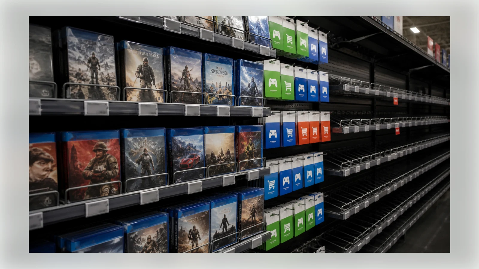 Physical game cases share a retail shelf with mostly empty digital gift card racks.