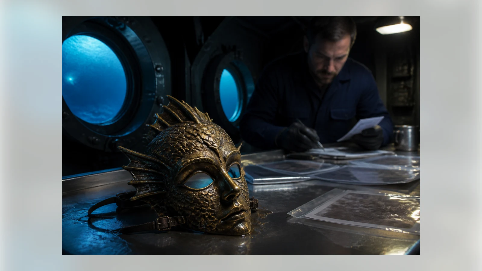 A weathered brass mermaid mask rests on an evidence table inside a submarine.