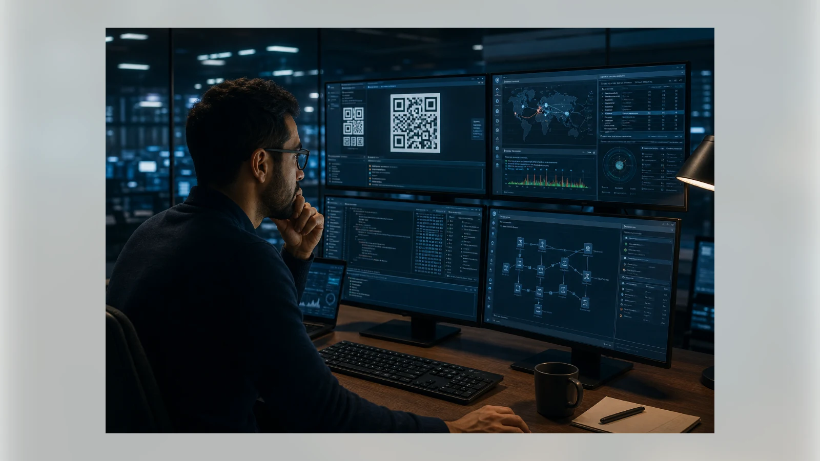 A cybersecurity analyst investigates suspicious QR codes and network activity.