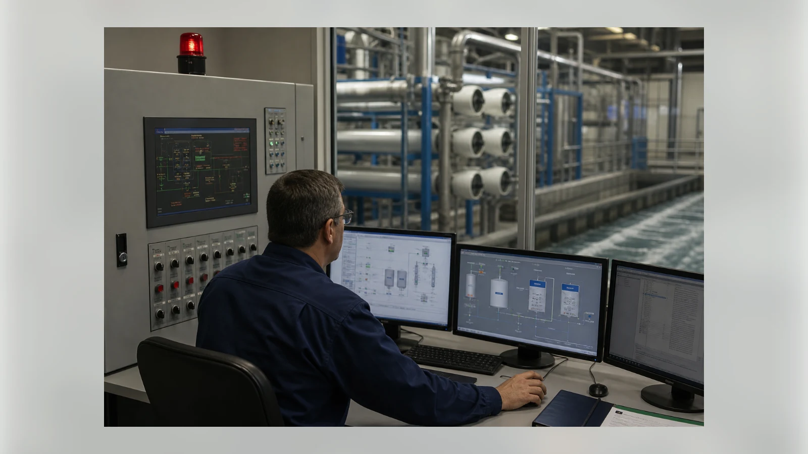 An engineer monitors industrial controls inside a municipal water treatment facility.