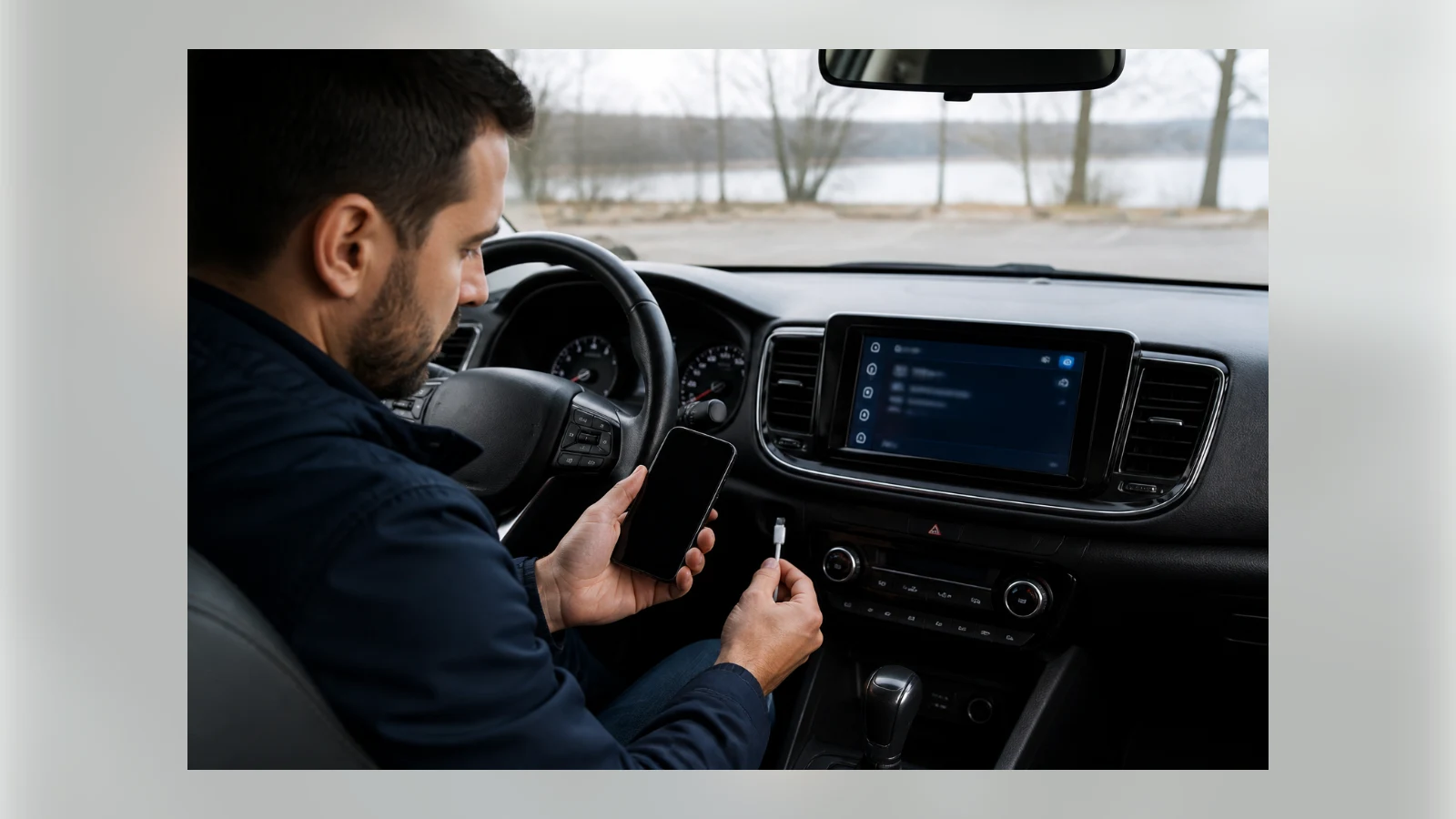 A parked driver checks a phone cable beside a car infotainment screen.