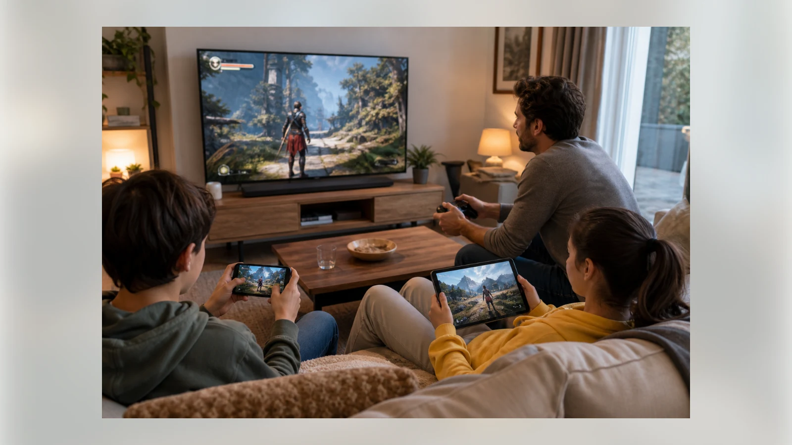 A family plays games across a television, tablet, and smartphone.
