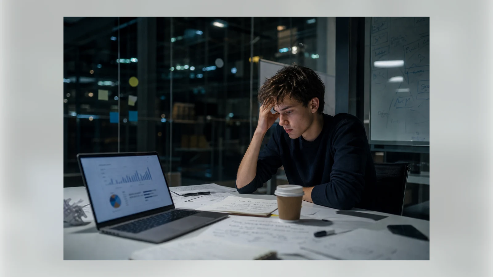 A young founder studies pitch materials alone in an office late at night.