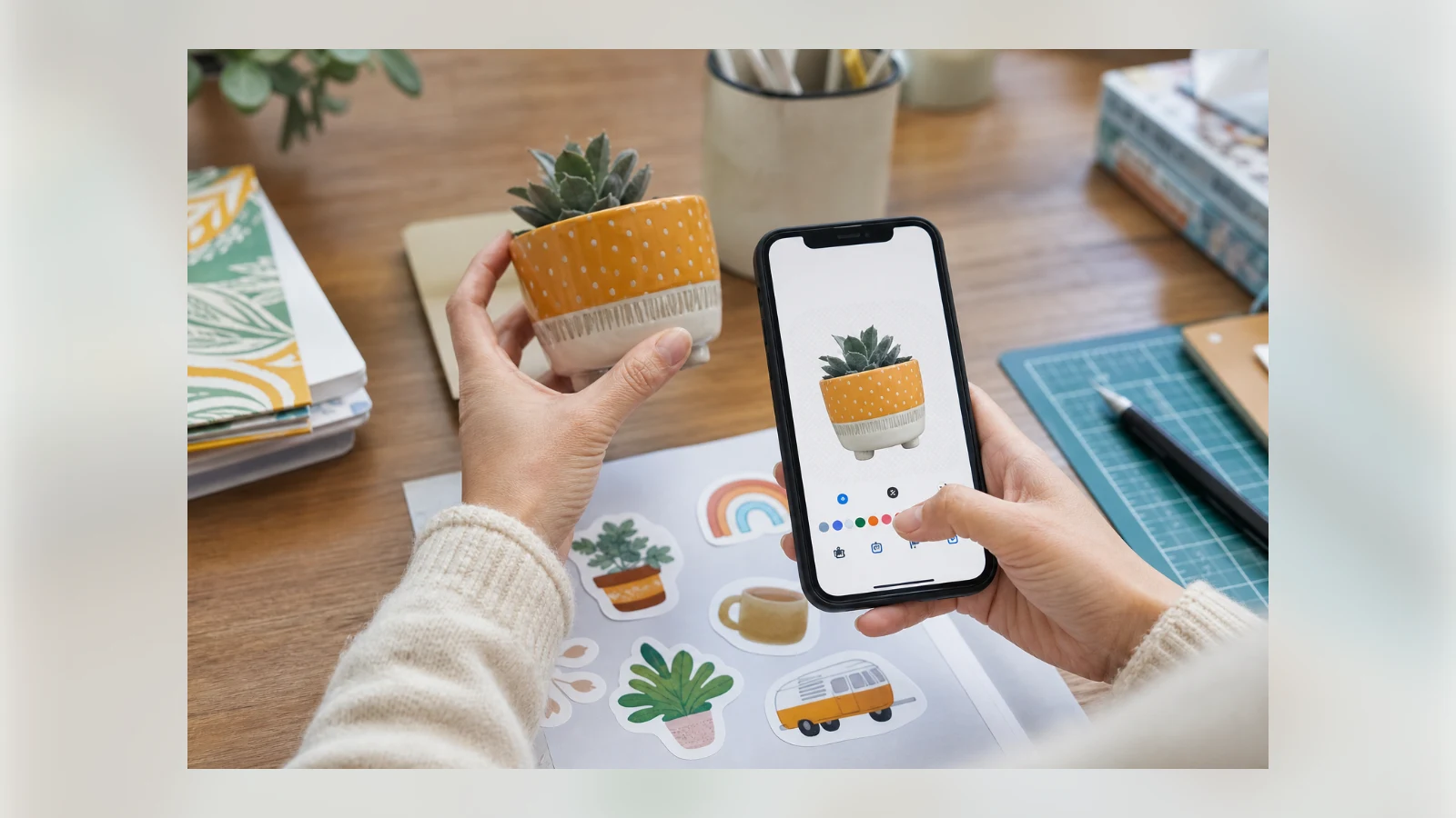 Hands create a custom plant sticker on a smartphone at a craft desk.