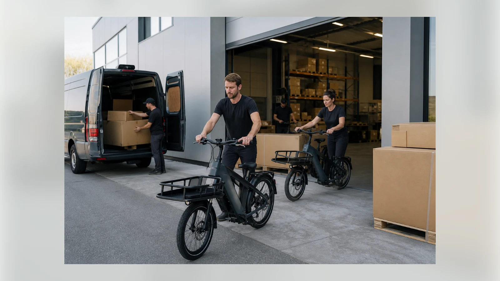 Warehouse workers prepare cargo e-bikes for customer deliveries.