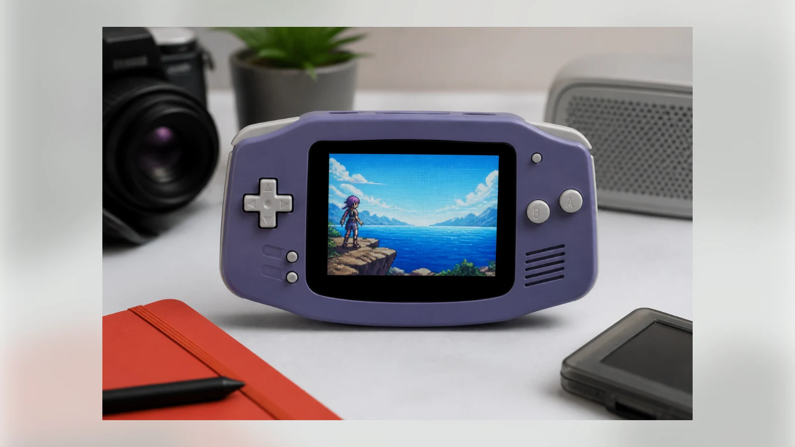 A retro-inspired modern handheld game console on a product review desk.