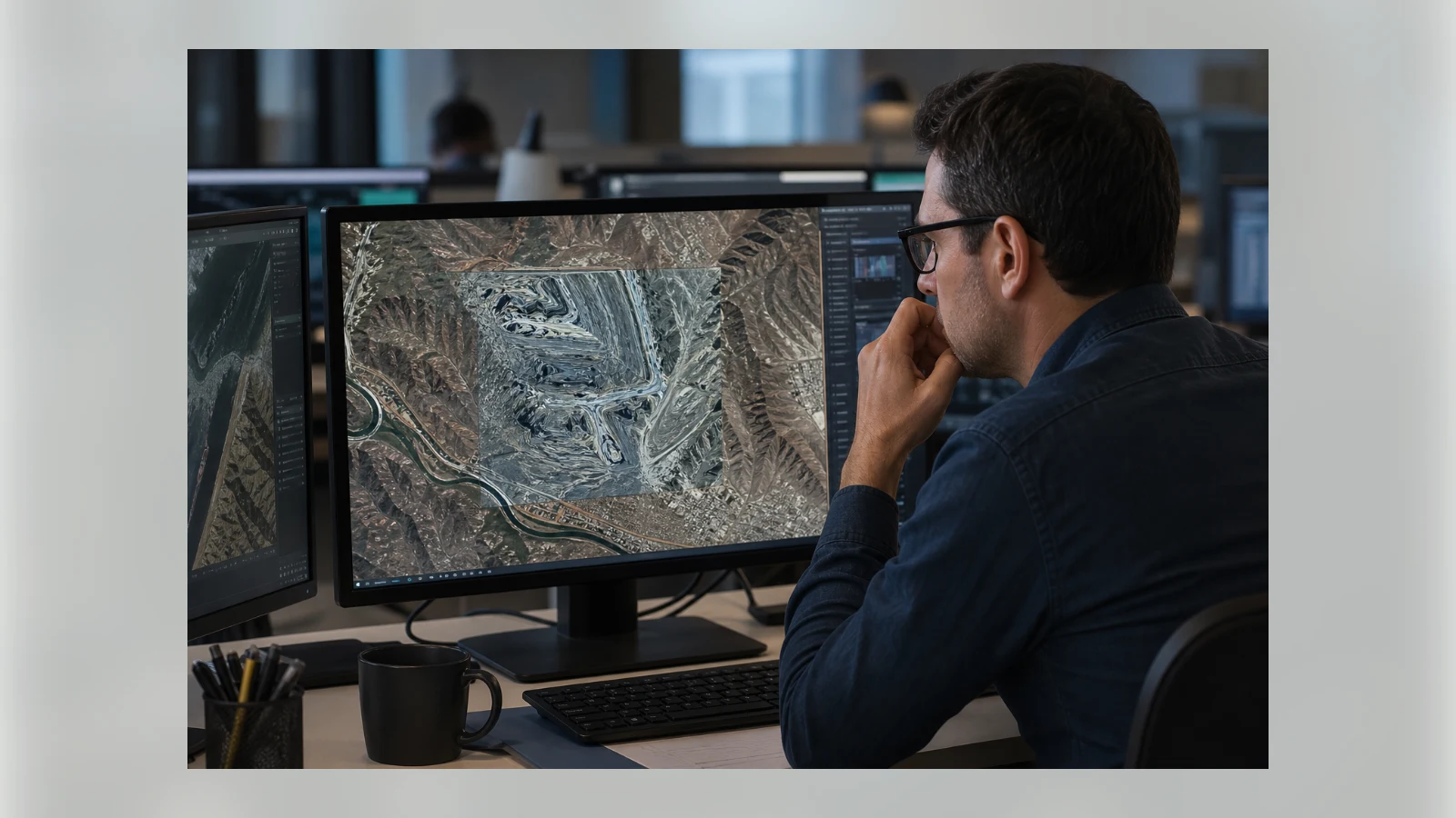 A geospatial analyst examines a suspicious synthetic anomaly in satellite imagery.