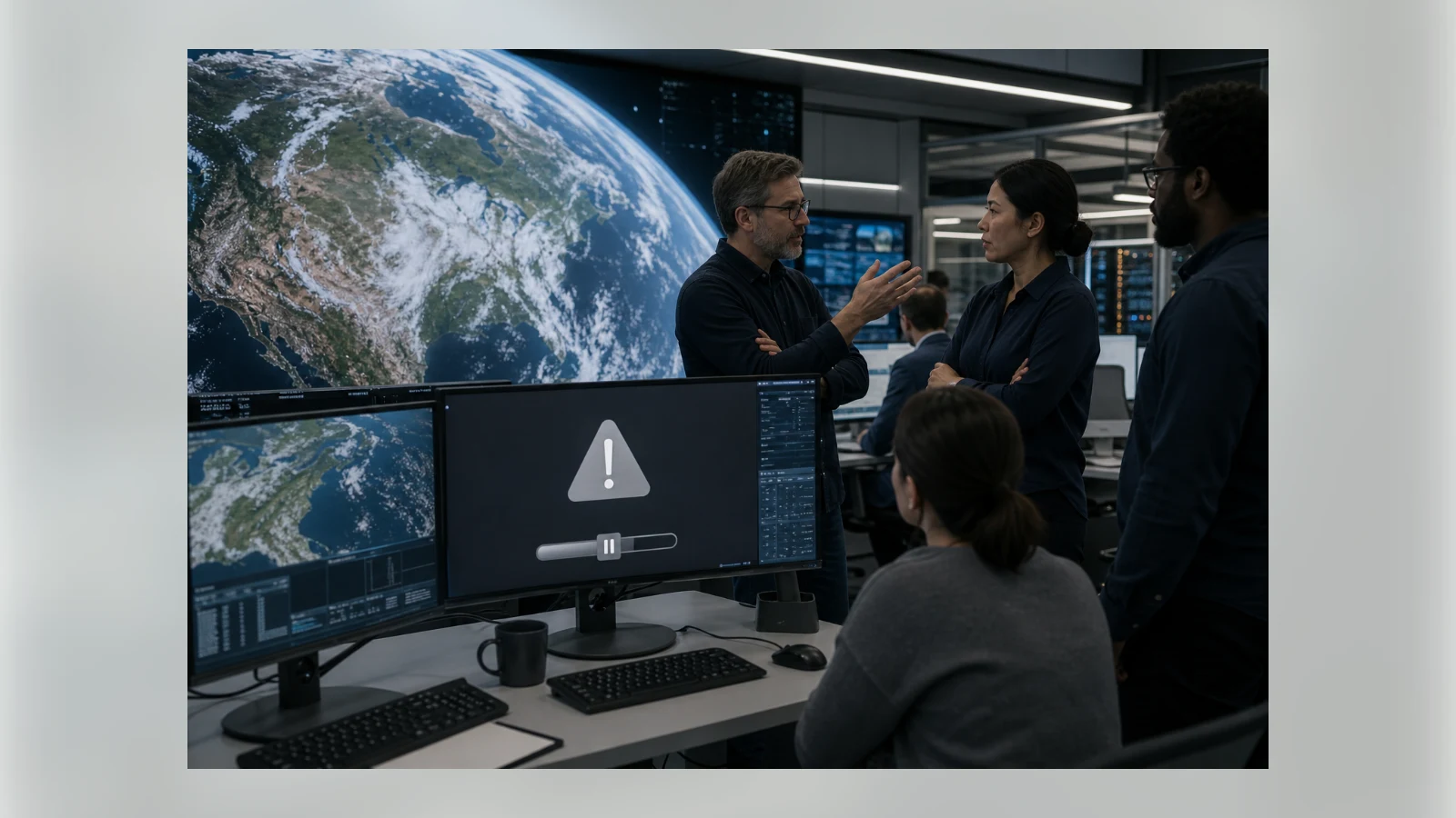 Mapping researchers discuss a paused AI image tool beside a large Earth display.