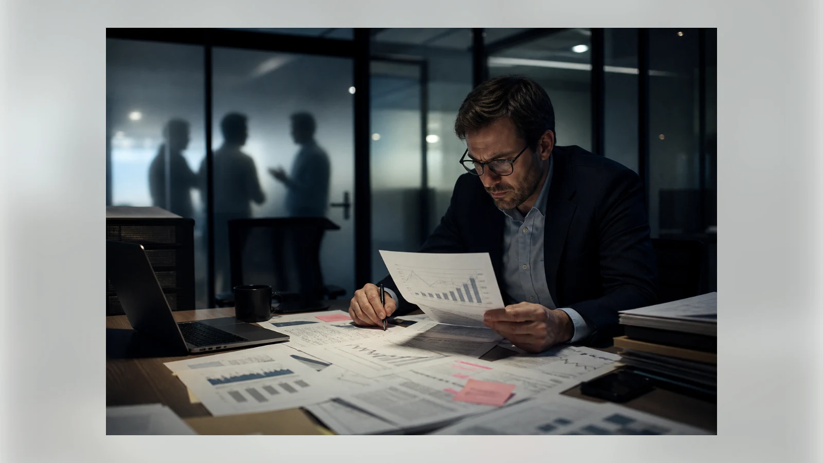 A forensic accountant reviews conflicting startup financial records after hours.