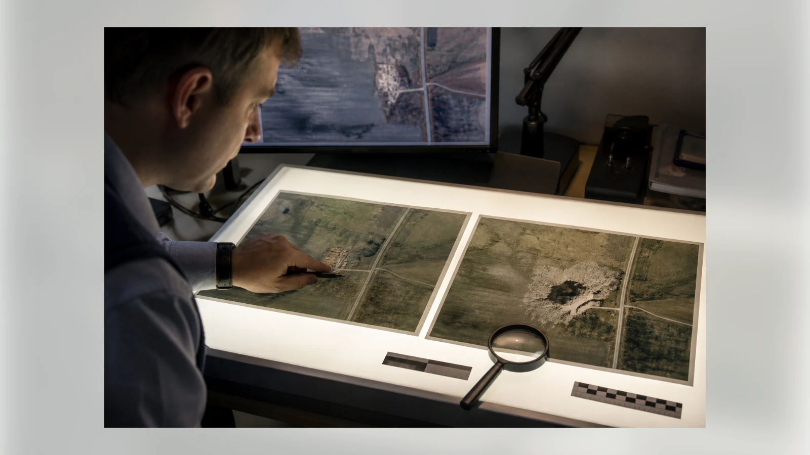 An analyst compares authentic and altered aerial images on a light table.
