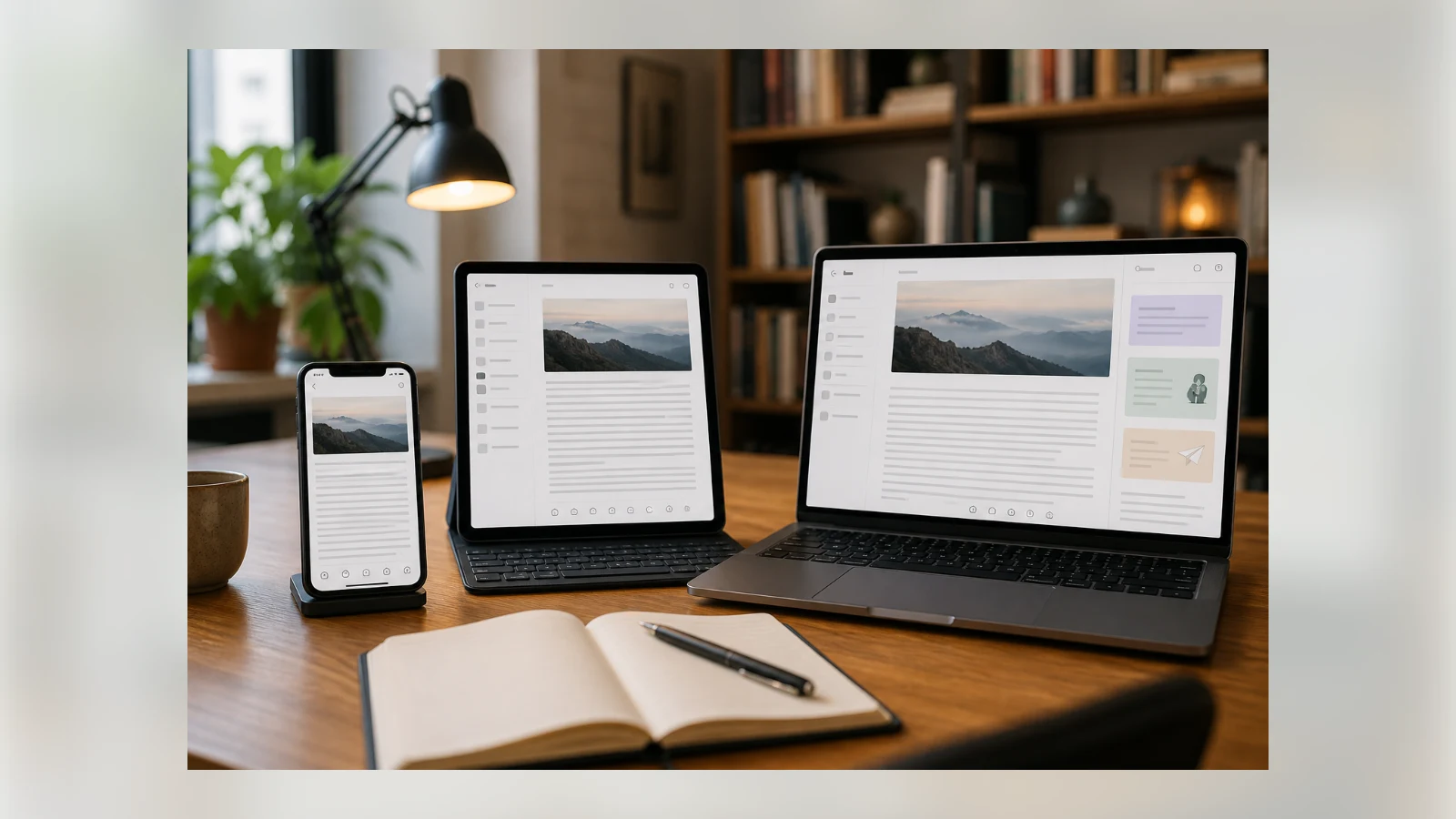 A redesigned reading application shown across phone, tablet, and laptop.