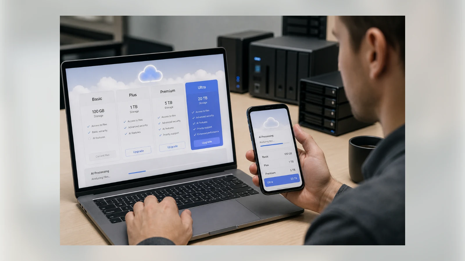 A user compares cloud storage and AI processing tiers on laptop and phone.