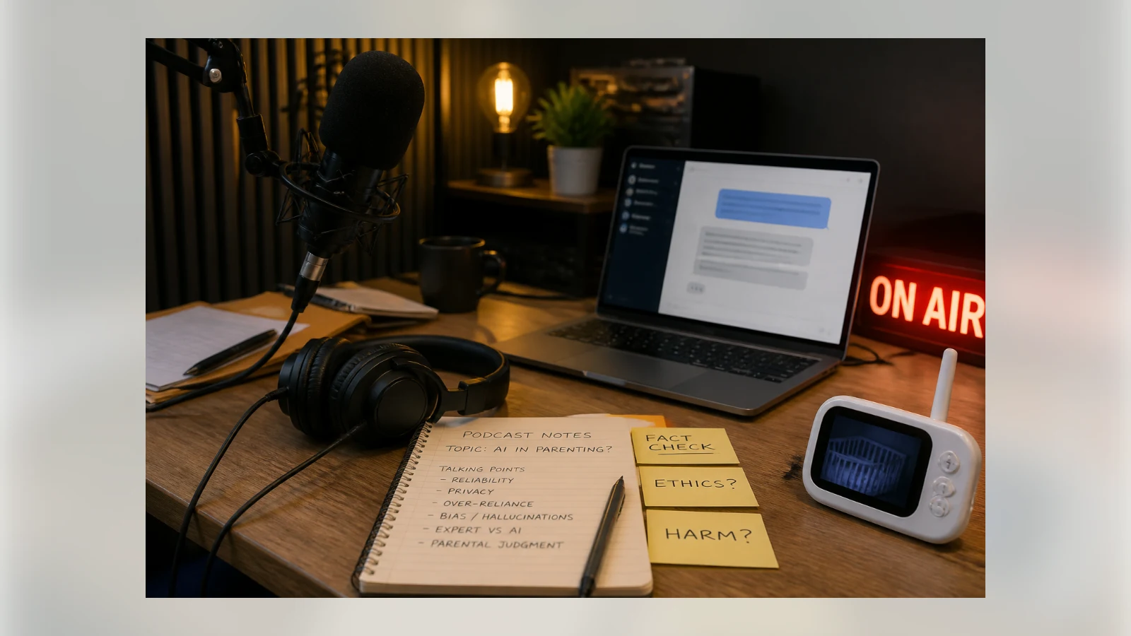A podcast desk with microphone, parenting notes, baby monitor, and chatbot screen.