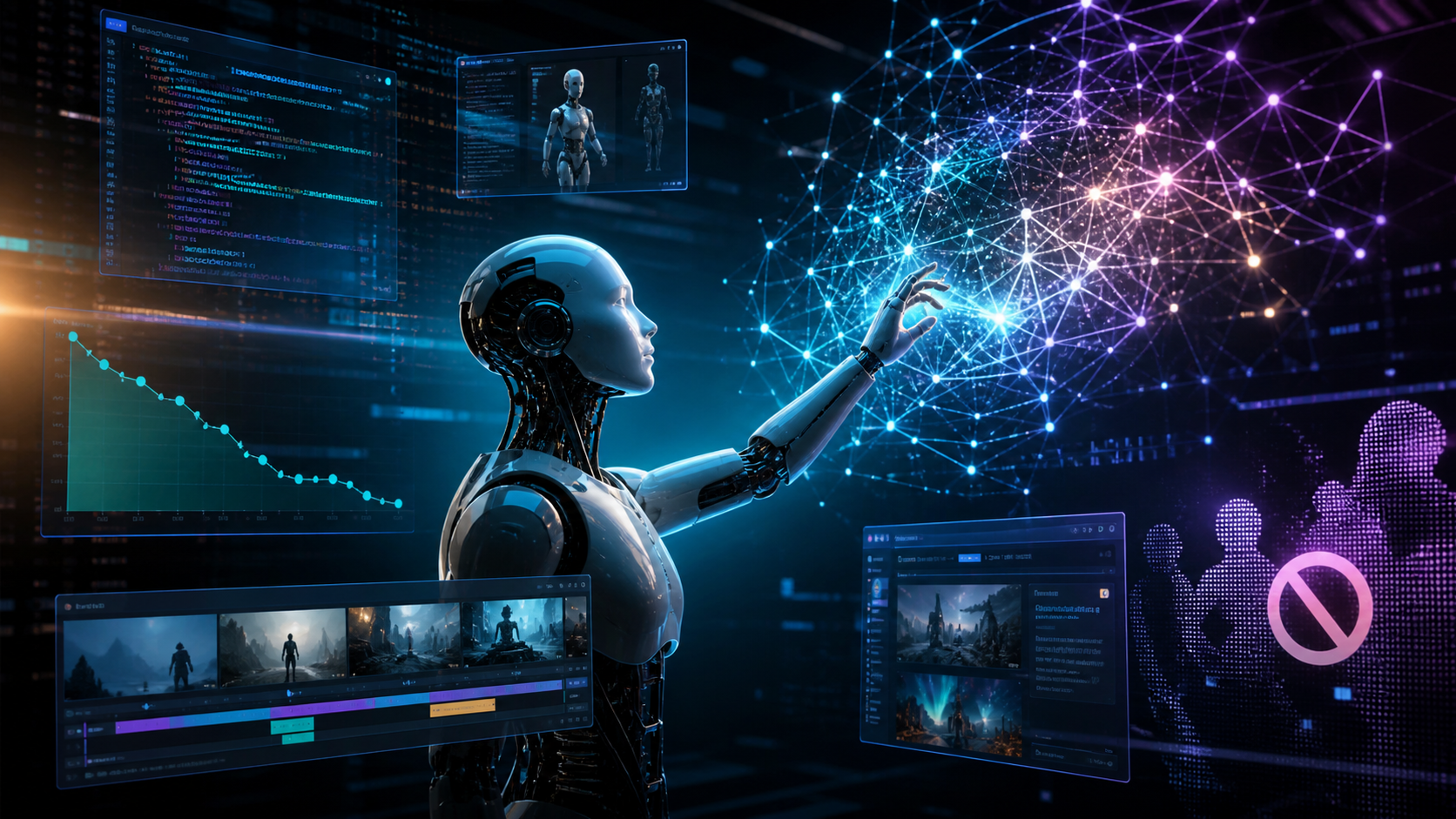 Editorial illustration of a humanoid robot surrounded by neural networks, browser interfaces, code and an AI video timeline.