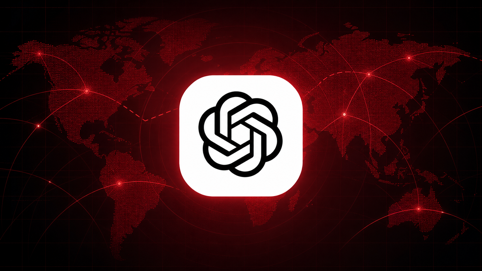 ChatGPT logo over a red world network map representing a global service outage. Technomalist editorial composition using the OpenAI-owned logo.